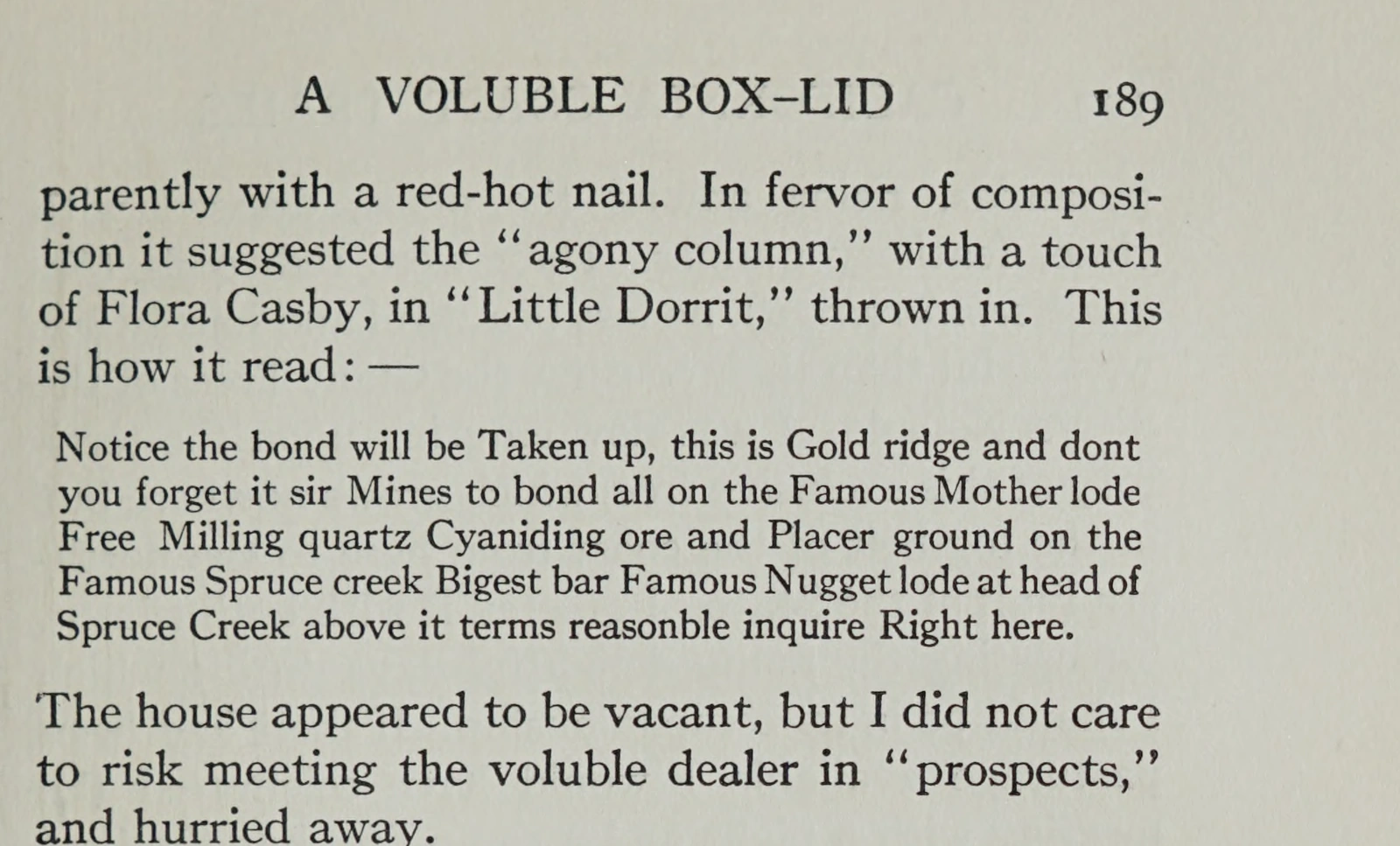Top of printed page 189, headed A Voluble Box-Lid, containing Chase’s transcription of a mining advertisement and his surrounding narrative.