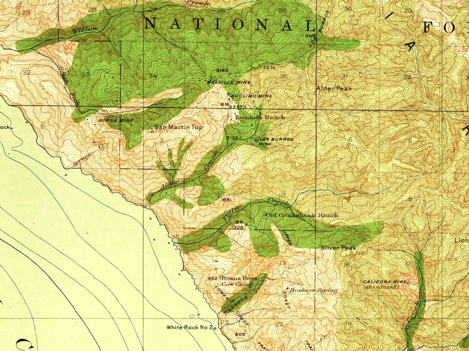 Detail of the 1921 Cape San Martin topographic map showing historic Los Burros-area mine labels, coastal terrain and Silver Peak.